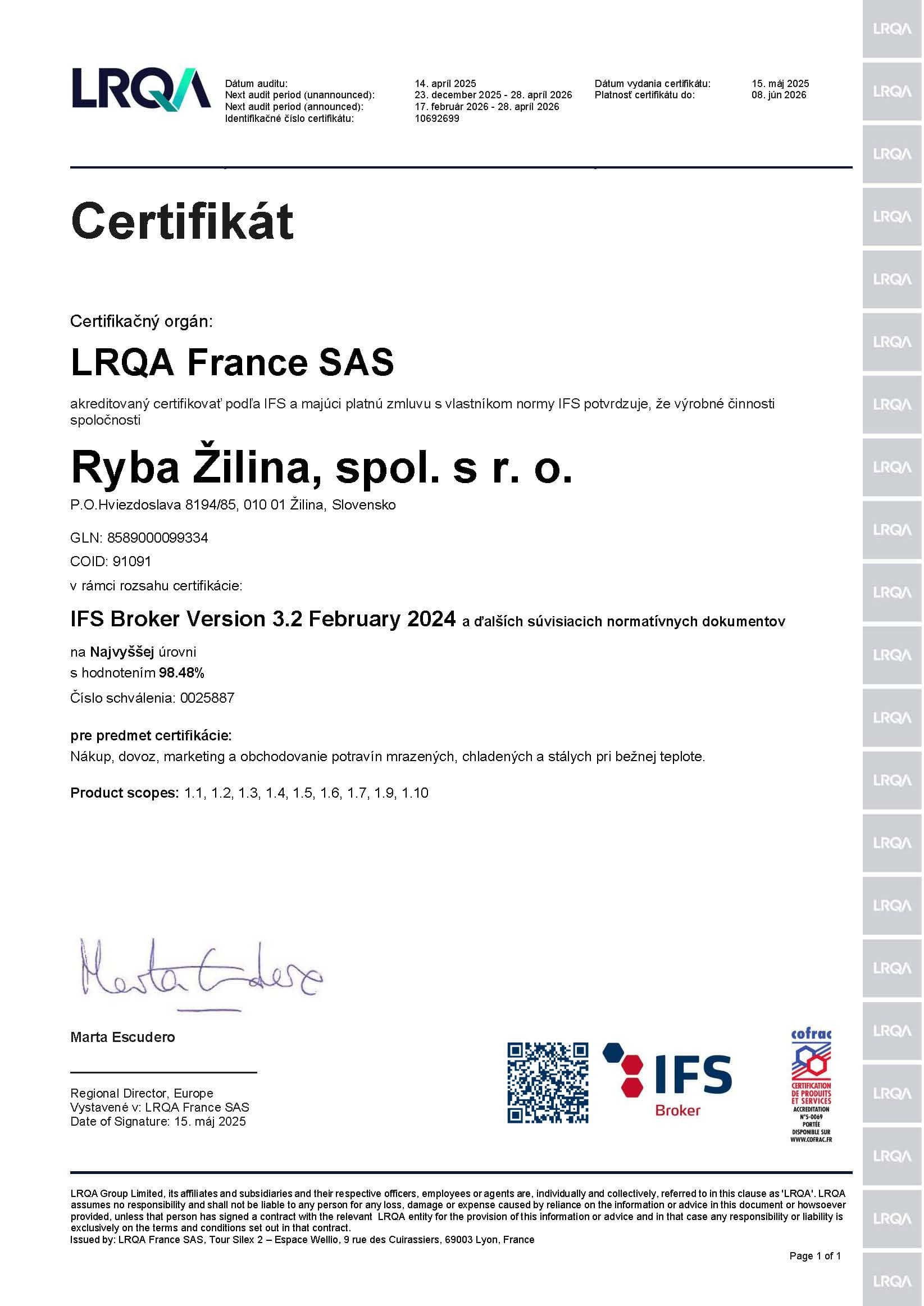 Certifikát LRQA France SAS