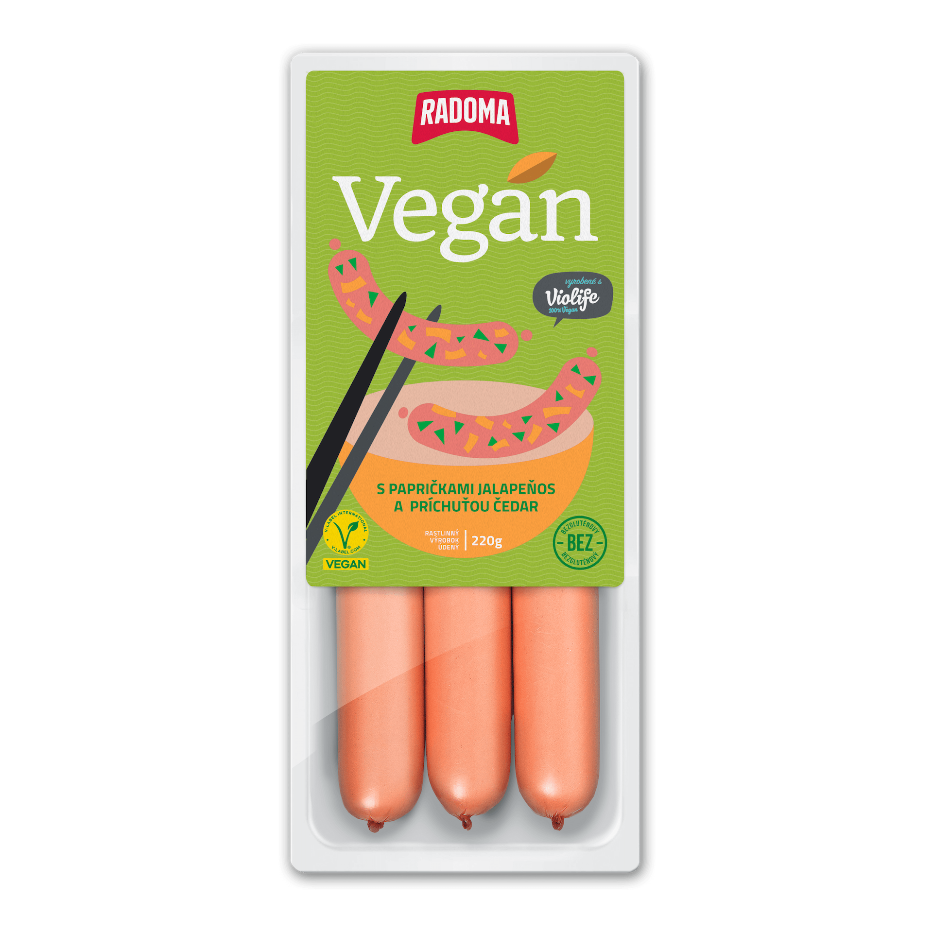 VEGAN párky s papričkami jalapeňos a príchuťou Čedar 220g