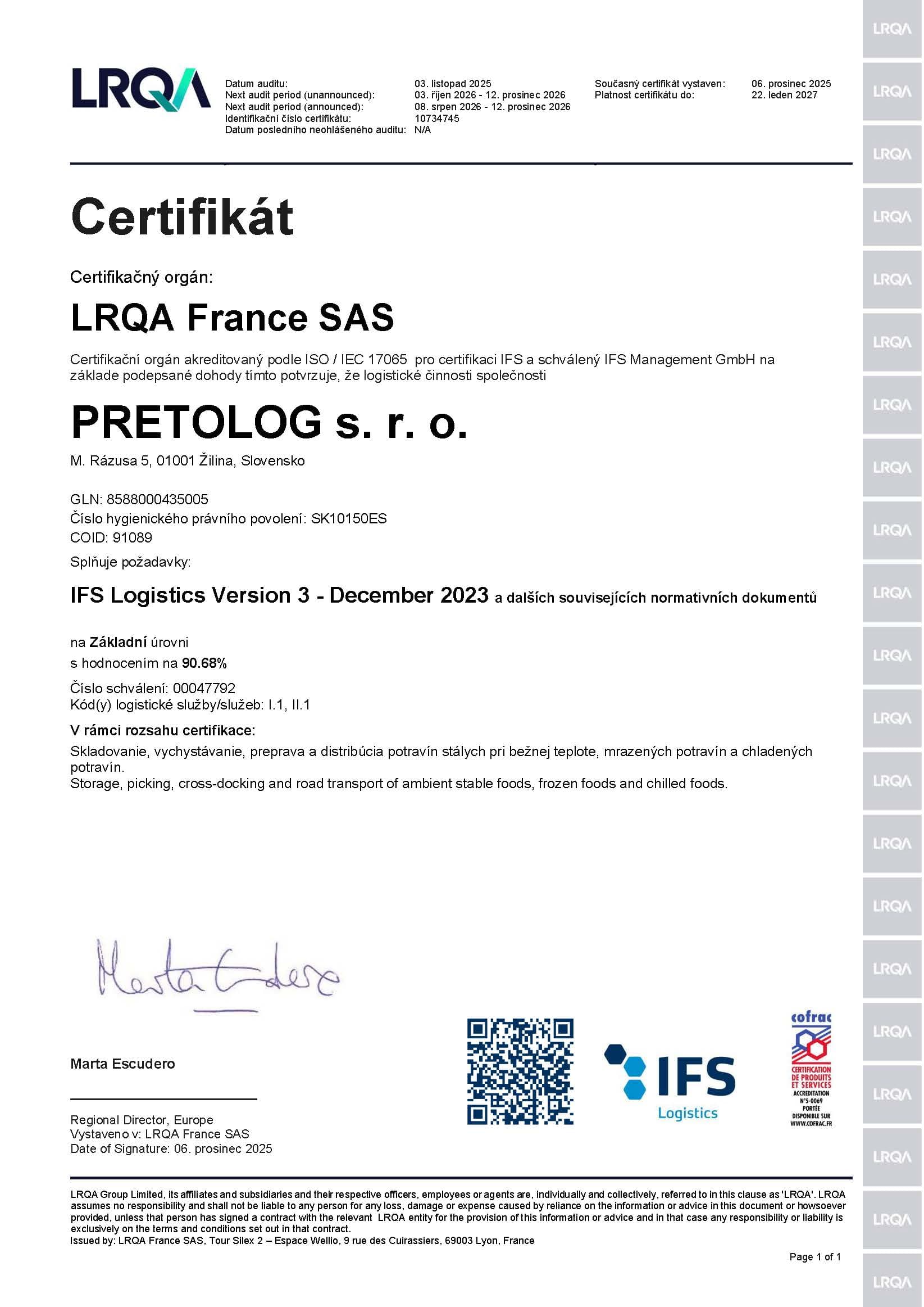 Certifikát LRQA France SAS
